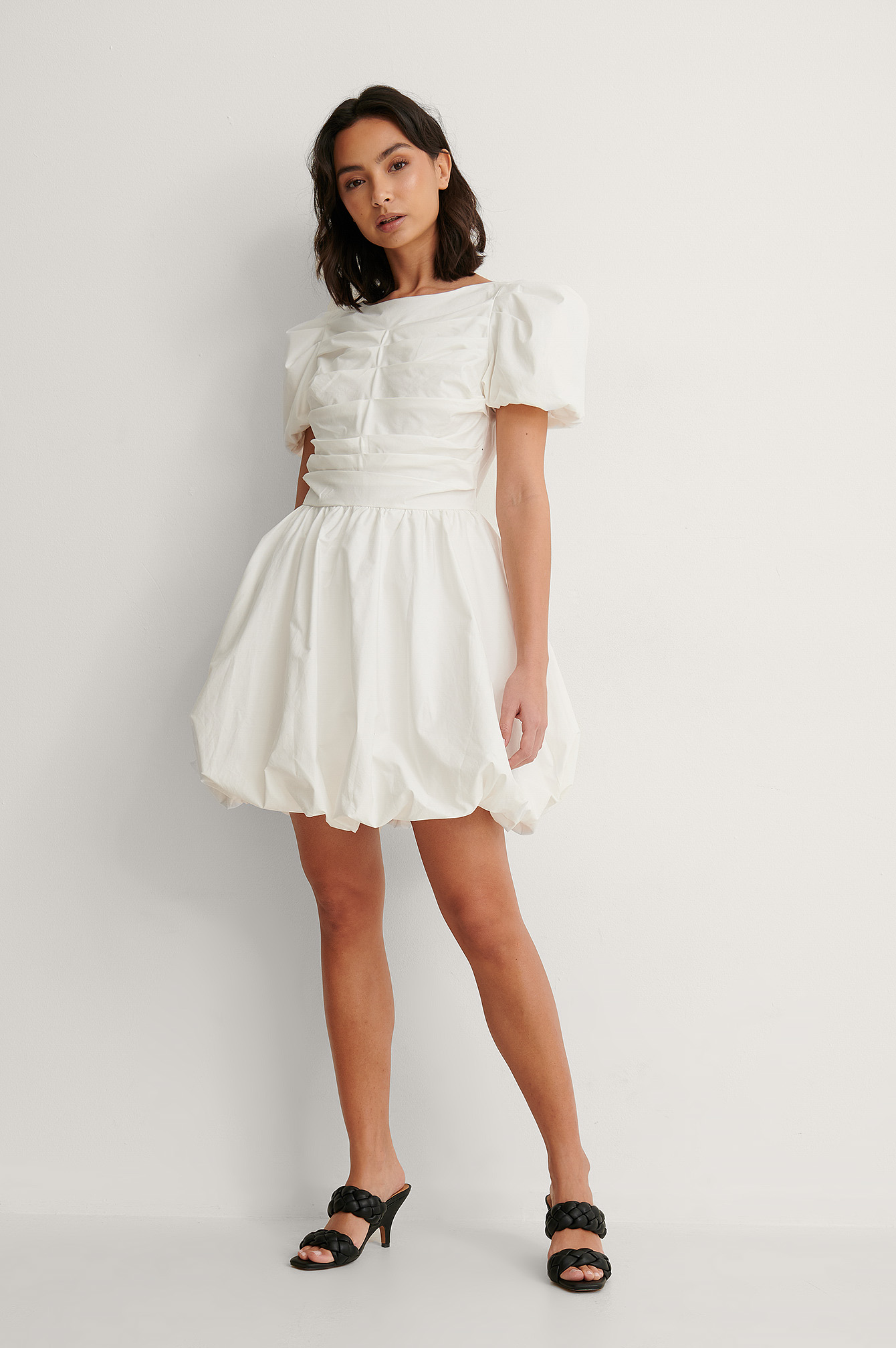Ruched Puff Sleeve Mini Dress White ...